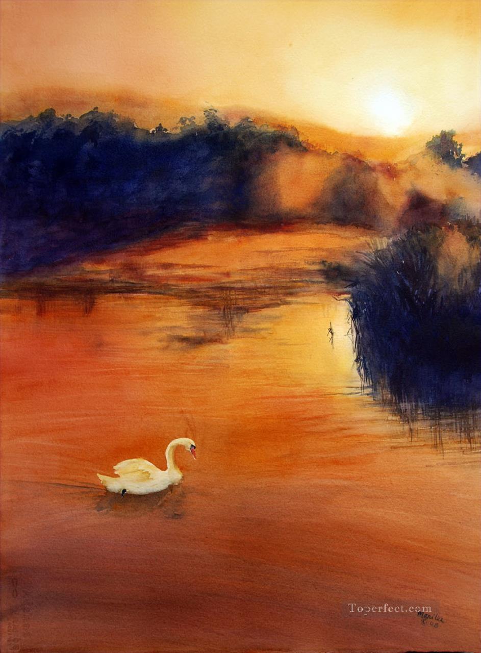 cisne en paisaje de agua roja Pintura al óleo